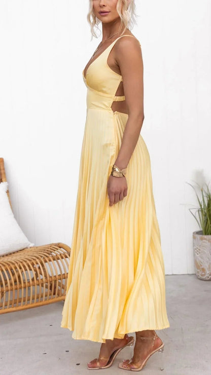 Pleated V-Neck Maxi Dress with Flowing for Women