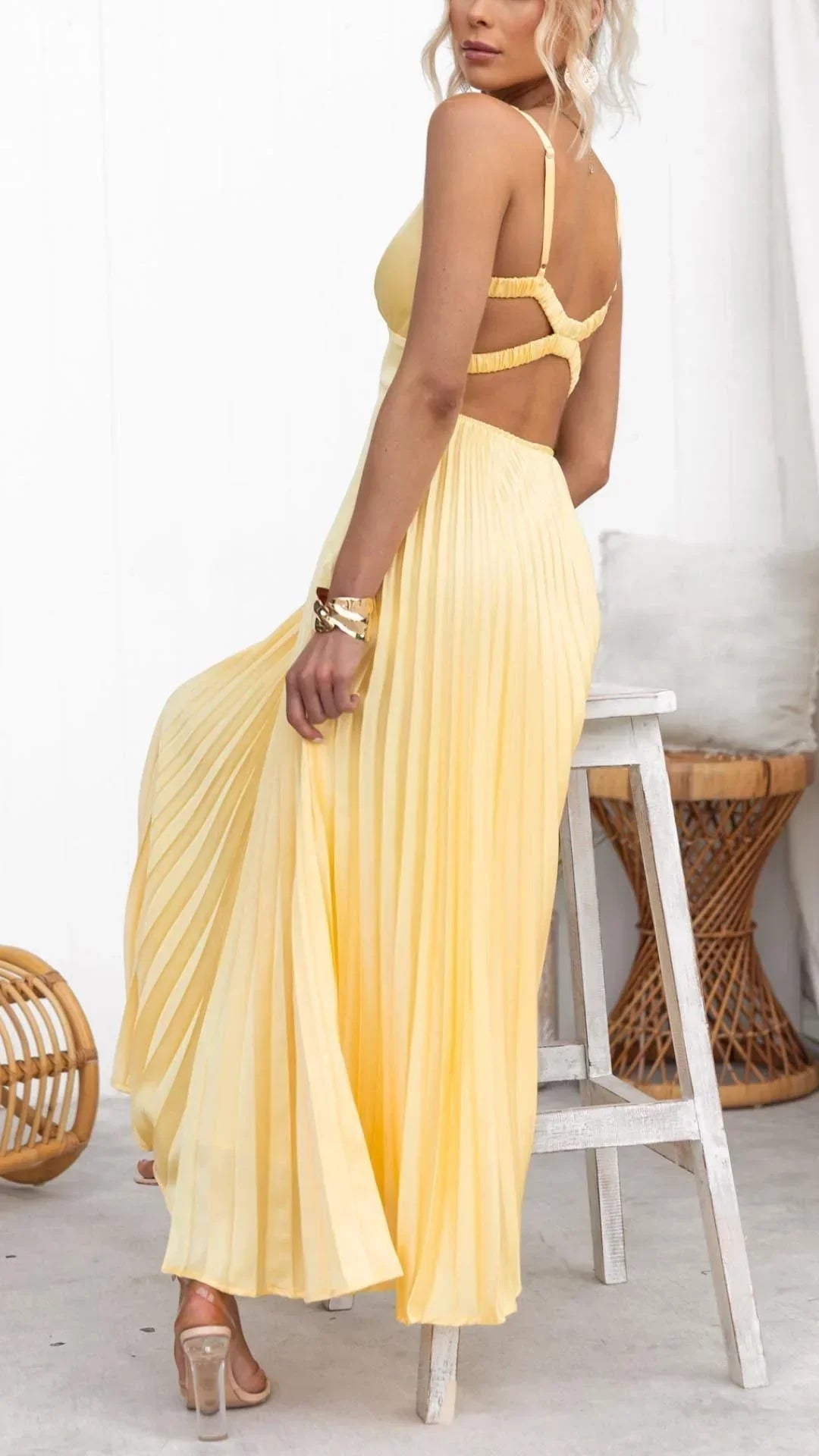 Pleated V-Neck Maxi Dress with Flowing for Women