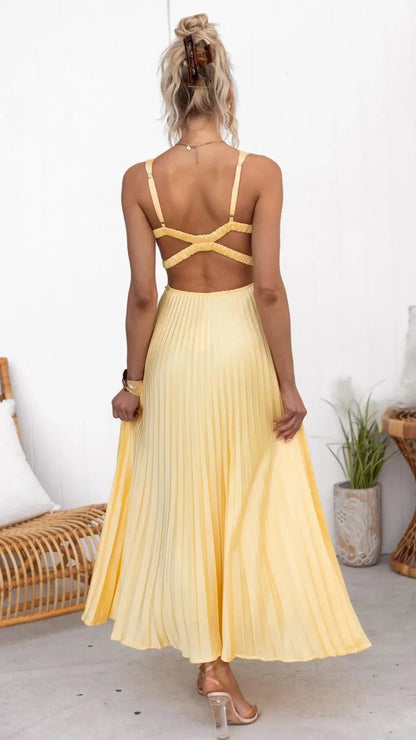 Pleated V-Neck Maxi Dress with Flowing for Women