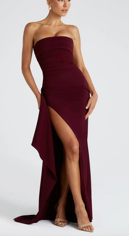 High Slit Fitted Full-Length Maxi Dress with Strapless for Women