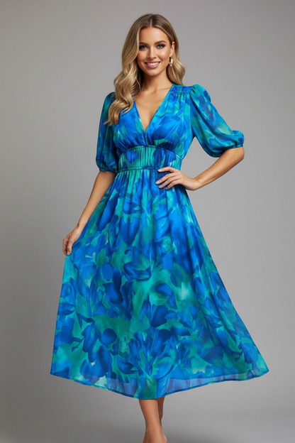 Floral Puff Sleeve Midi Dress with Gathered for Women