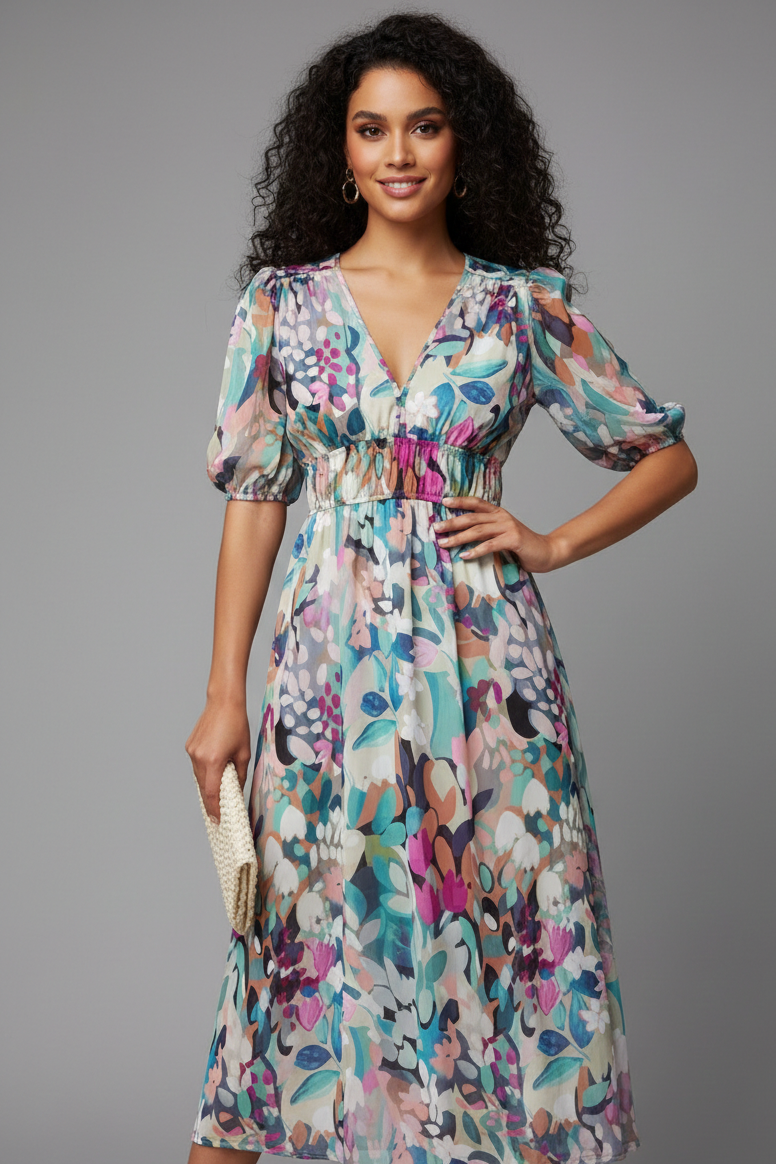 Floral Puff Sleeve Midi Dress with Gathered for Women