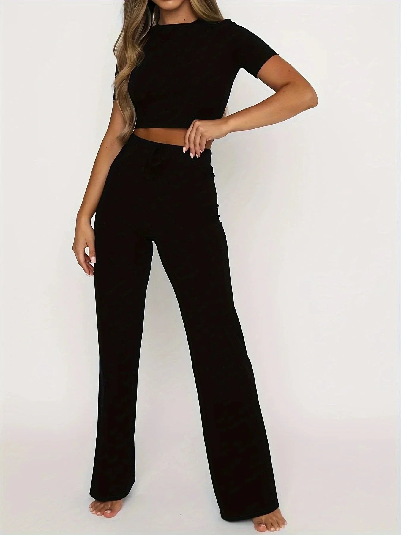 Ribbed Fitted Full-Length Two Piece Set with Long Sleeve for Women