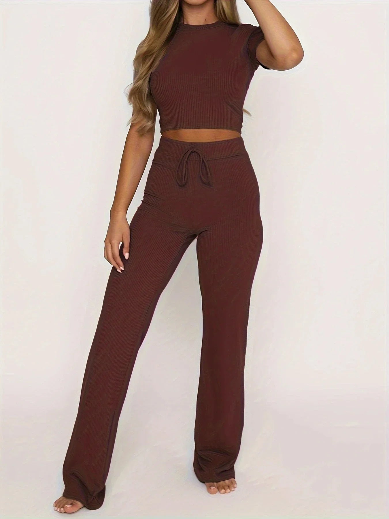 Ribbed Fitted Full-Length Two Piece Set with Long Sleeve for Women