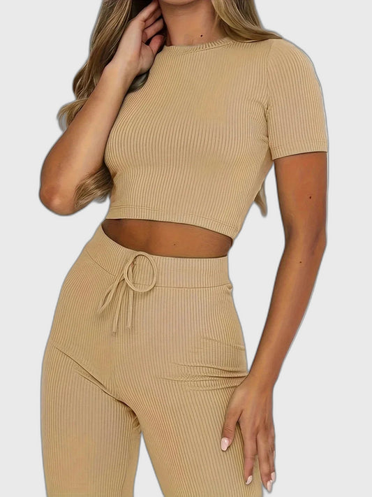 Ribbed Fitted Full-Length Two Piece Set with Long Sleeve for Women