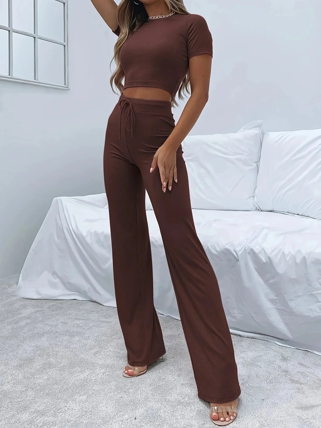 Ribbed Fitted Full-Length Two Piece Set with Long Sleeve for Women
