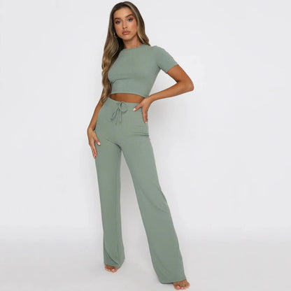 Ribbed Fitted Full-Length Two Piece Set with Long Sleeve for Women