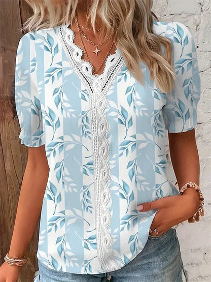 Floral Lace Trim Short Sleeve Blouse for Women