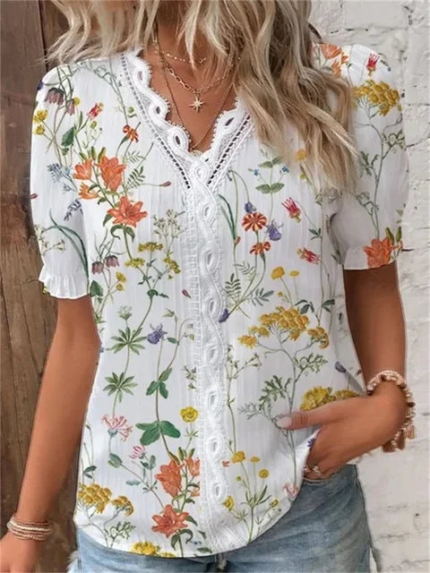 Floral Lace Trim Short Sleeve Blouse for Women