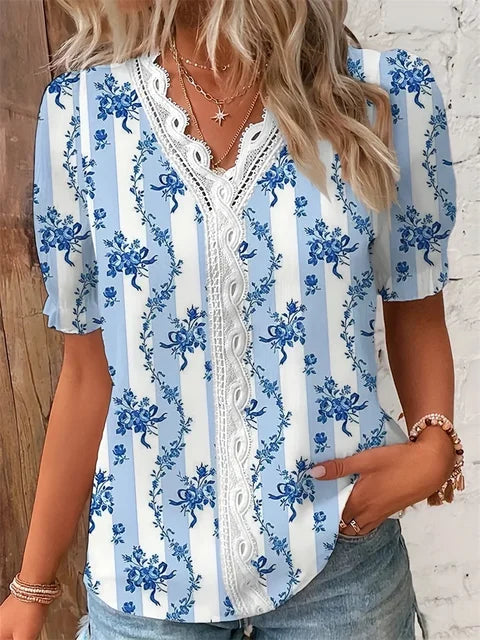 Floral Lace Trim Short Sleeve Blouse for Women