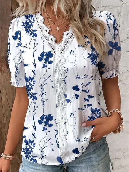 Floral Lace Trim Short Sleeve Blouse for Women