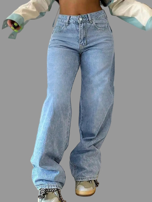 Straight leg jeans with elastic waist design for women