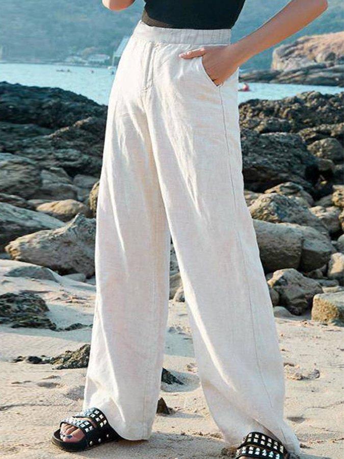 Linen Relaxed Fit Full-Length Trousers for Women