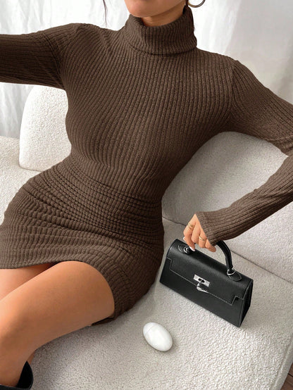 Slim fit midi dress with high neckline and long sleeves for women