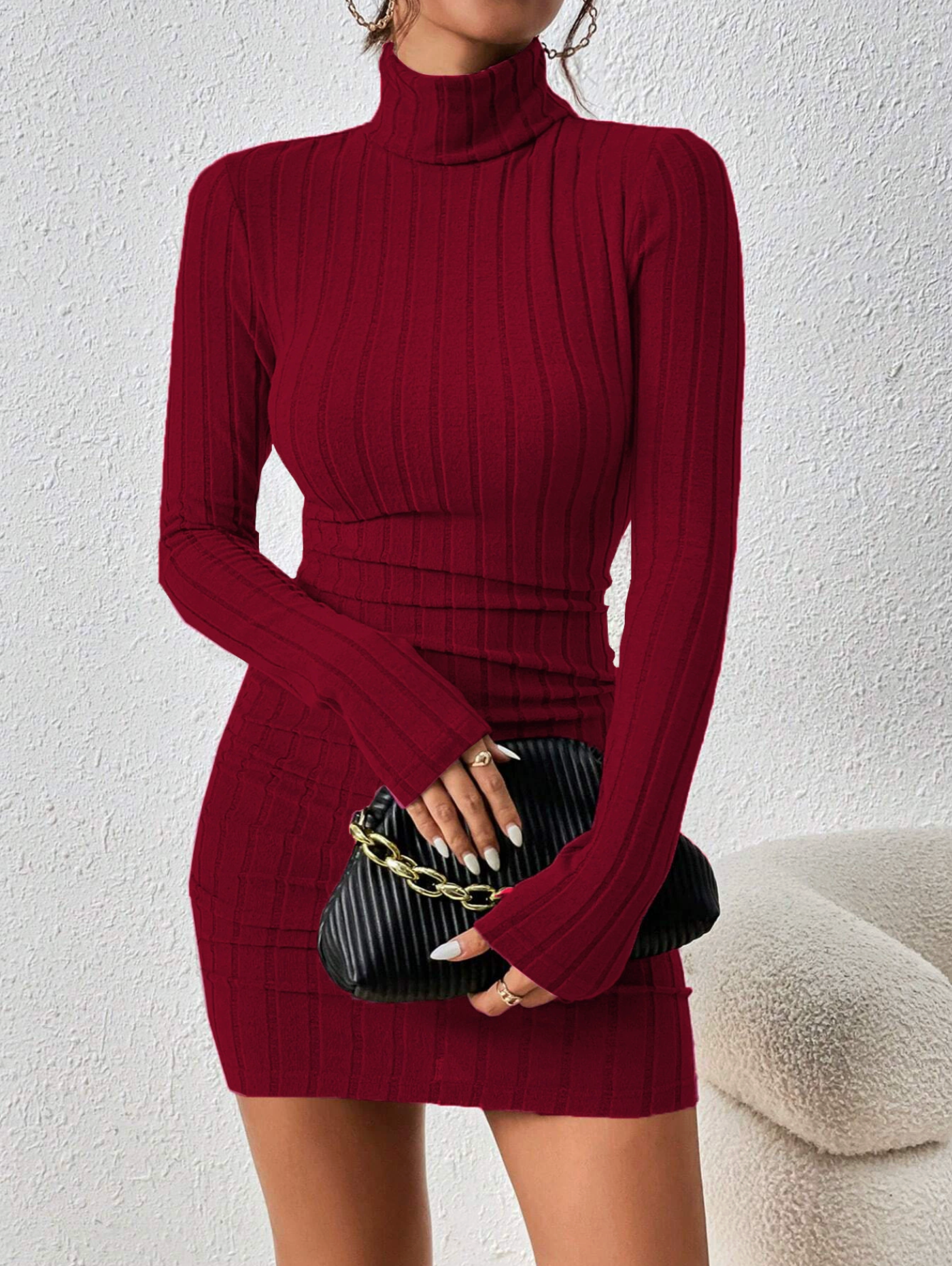Slim fit midi dress with high neckline and long sleeves for women