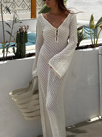 Crochet Flared Full-Length Maxi Dress with Flowing for Women