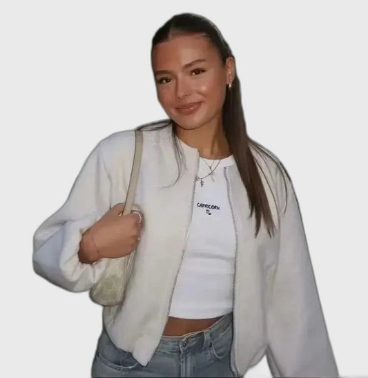 Ribbed Cropped Bomber Jacket with Long Sleeve for Women