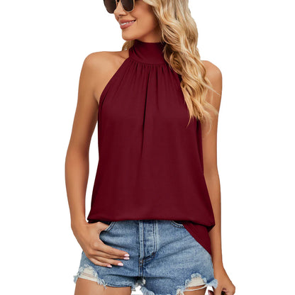 Lace-Up Fitted Casual High Neck Top with Sleeveless for Women