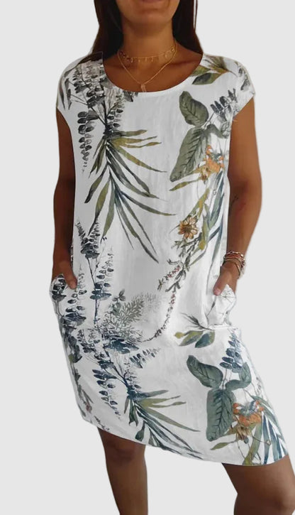 Floral Print Cotton Linen Summer Midi Dress for Women
