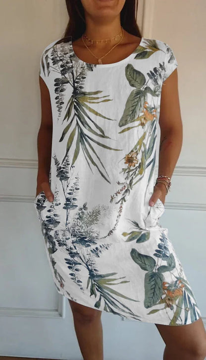 Floral Print Cotton Linen Summer Midi Dress for Women