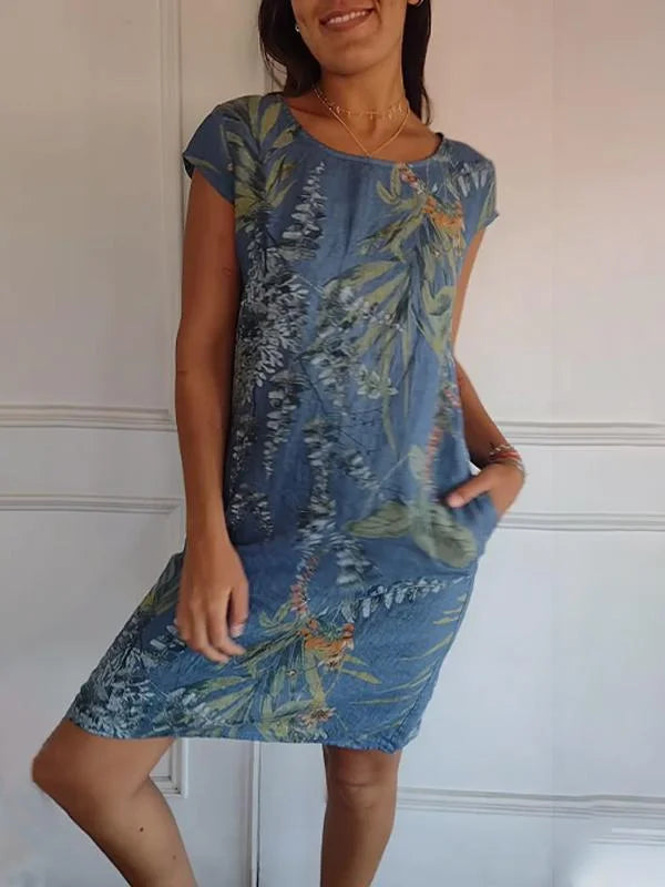 Floral Print Cotton Linen Summer Midi Dress for Women