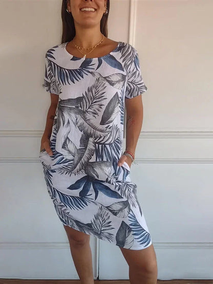 Floral Print Cotton Linen Summer Midi Dress for Women
