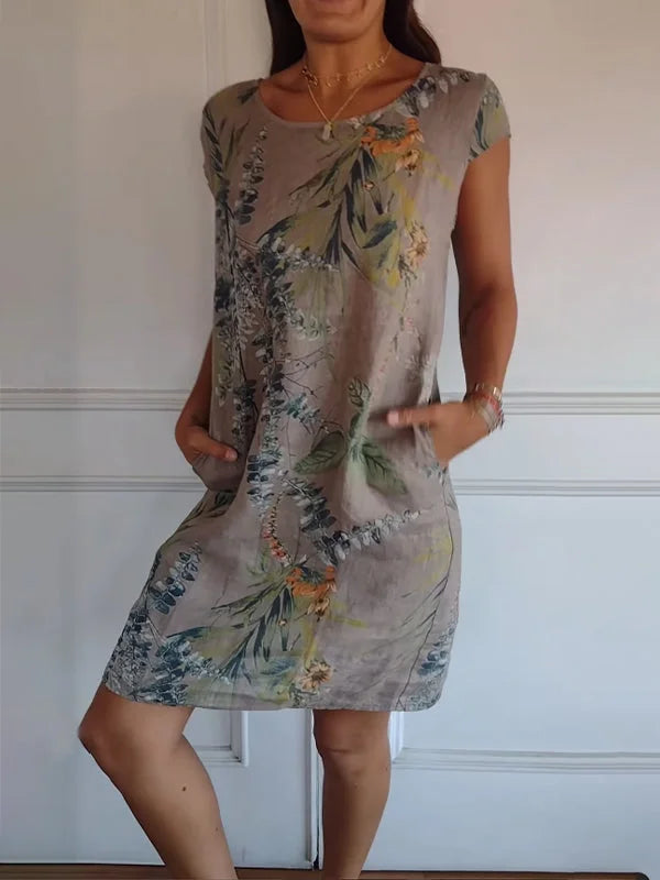 Floral Print Cotton Linen Summer Midi Dress for Women