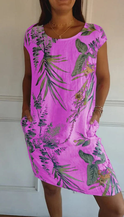 Floral Print Cotton Linen Summer Midi Dress for Women
