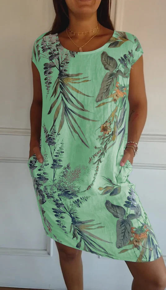 Floral Print Cotton Linen Summer Midi Dress for Women