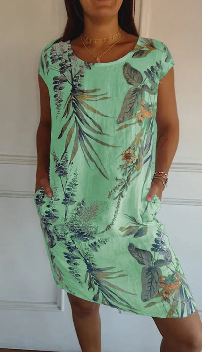 Floral Print Cotton Linen Summer Midi Dress for Women