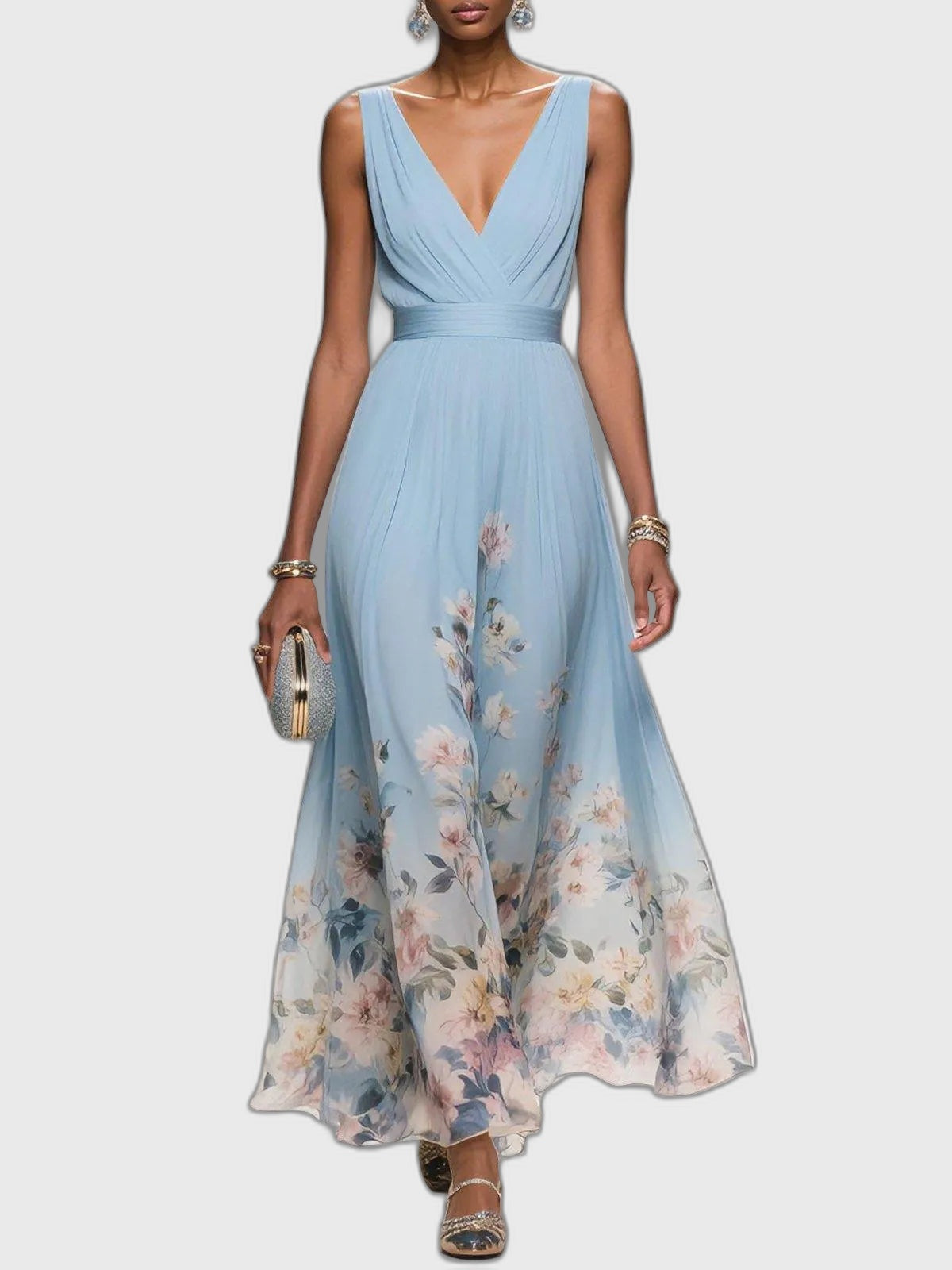 Floral Flowing Full-Length Maxi Dress with Sleeveless for Women
