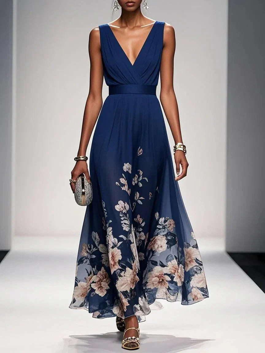Floral Flowing Full-Length Maxi Dress with Sleeveless for Women