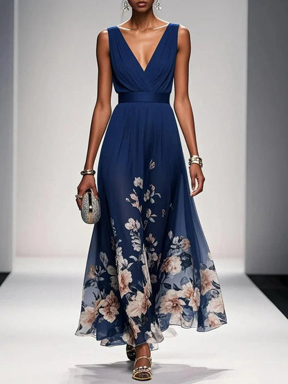 Floral Flowing Full-Length Maxi Dress with Sleeveless for Women