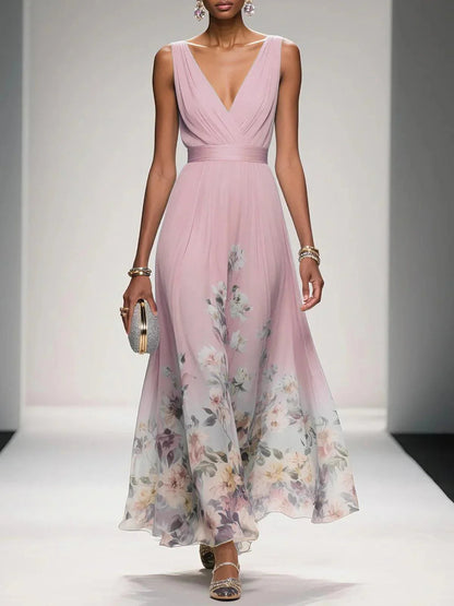 Floral Flowing Full-Length Maxi Dress with Sleeveless for Women