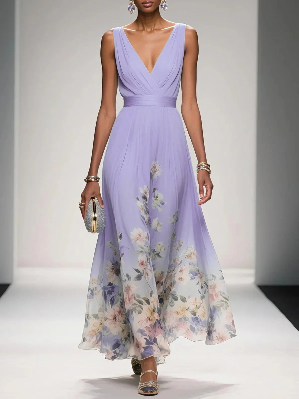 Floral Flowing Full-Length Maxi Dress with Sleeveless for Women