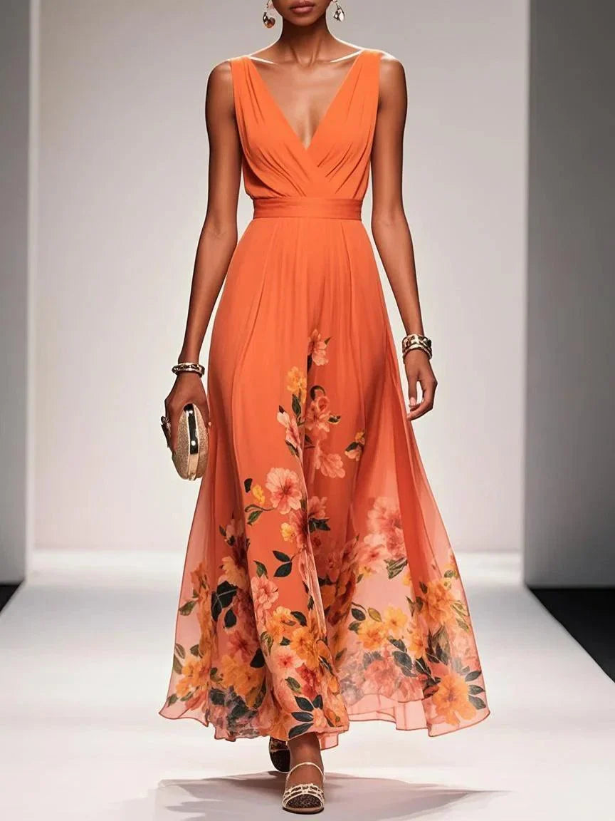 Floral Flowing Full-Length Maxi Dress with Sleeveless for Women