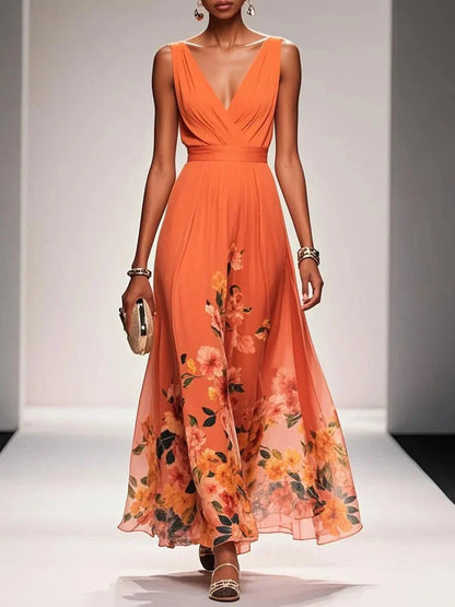 Floral Flowing Full-Length Maxi Dress with Sleeveless for Women