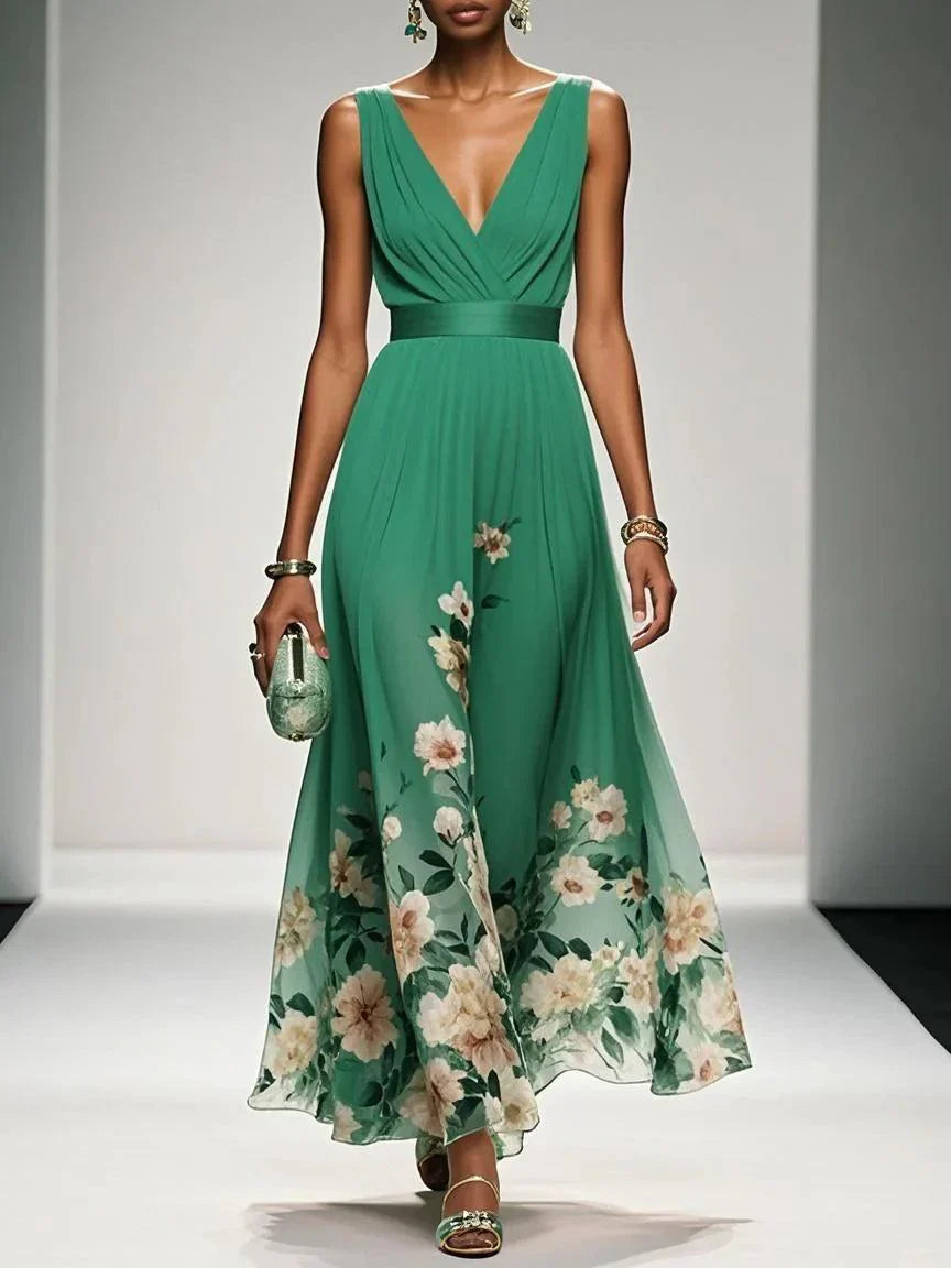 Floral Flowing Full-Length Maxi Dress with Sleeveless for Women