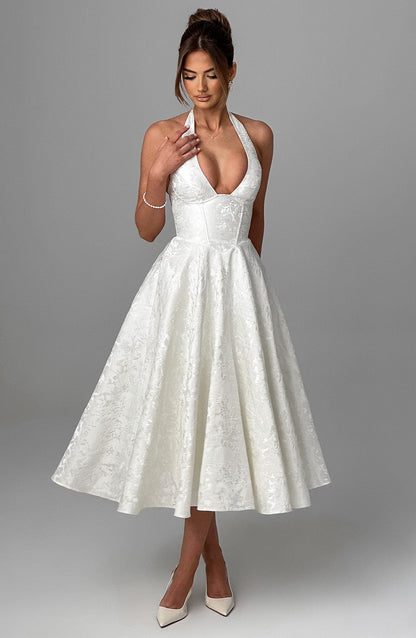 Fitted Flared Halter Neck Midi Dress for Women