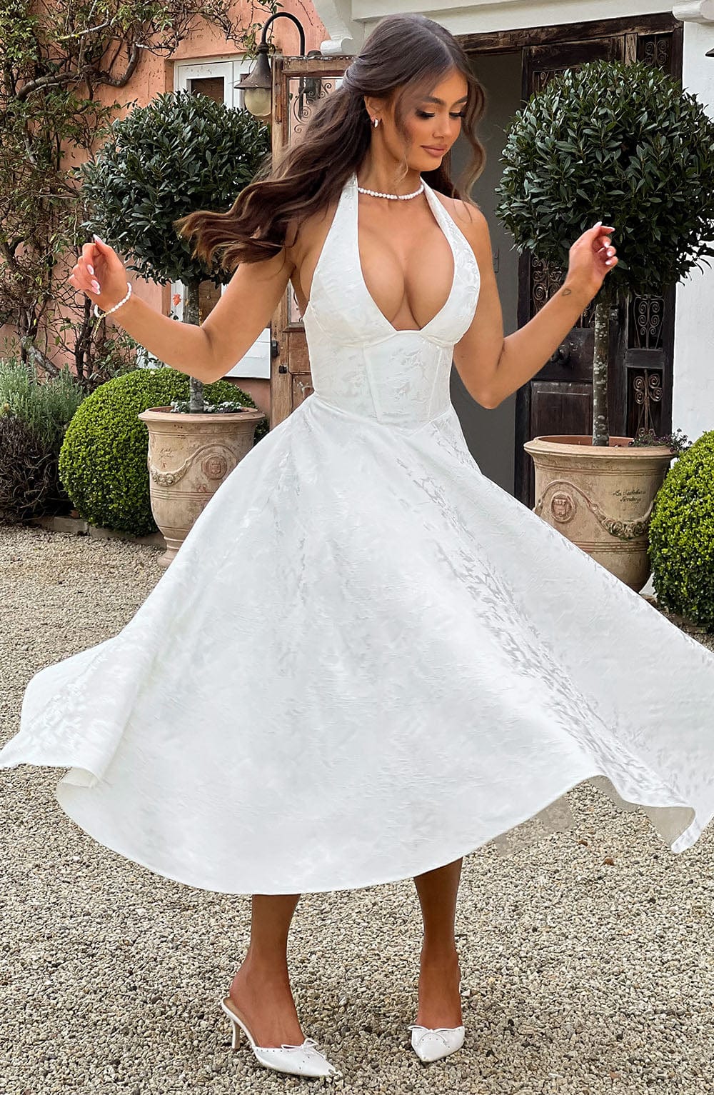 Fitted Flared Halter Neck Midi Dress for Women