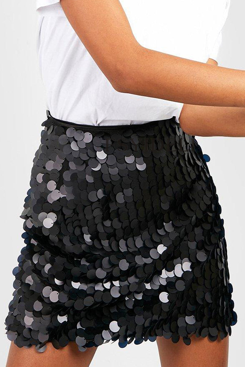 Long Sequin Midi Skirt in Black Gold and Silver for Women