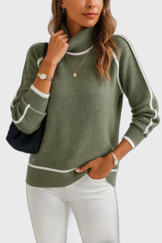 Knit Ribbed Relaxed Fit Sweater with Turtleneck for Women
