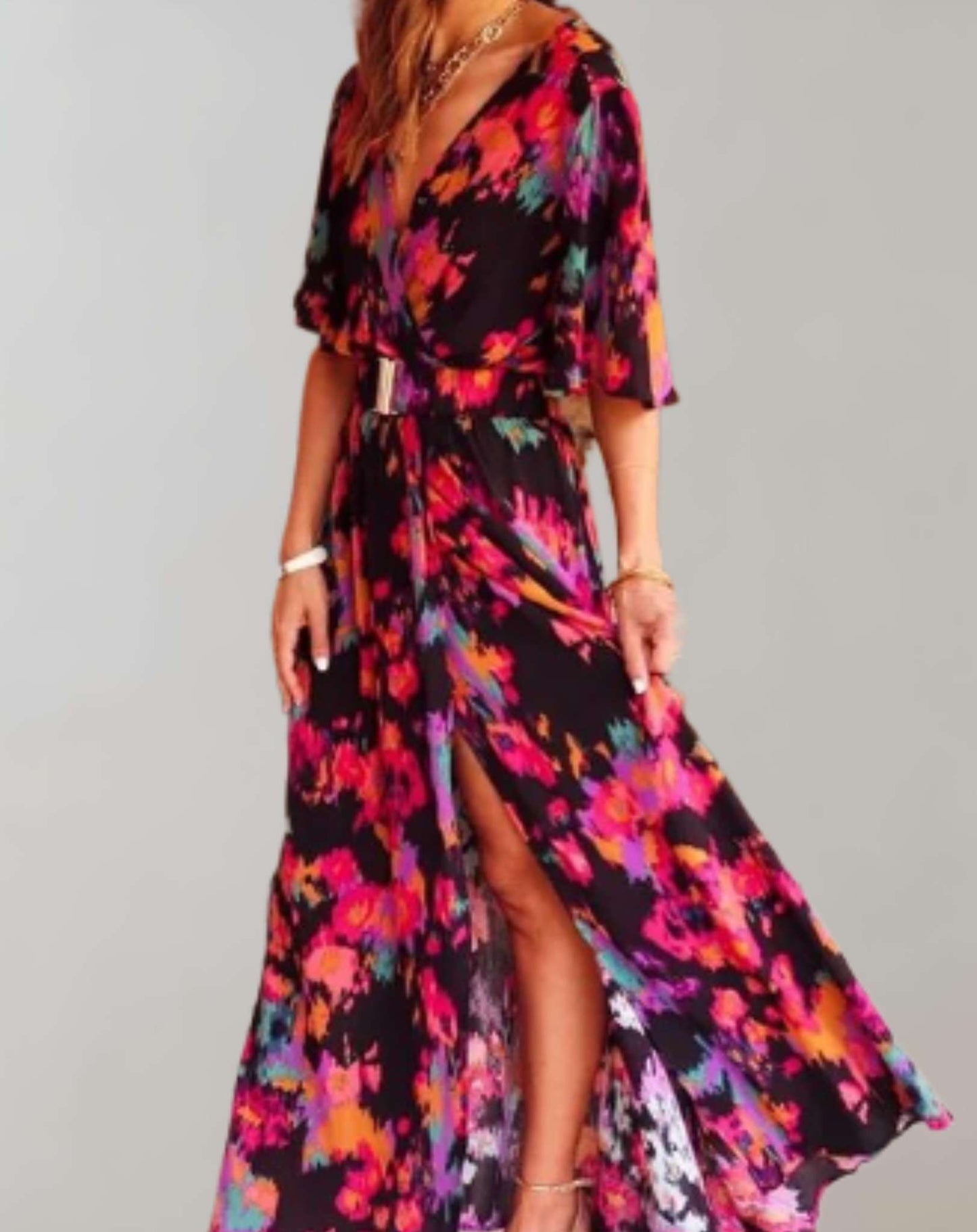 High Slit Fitted Full-Length Maxi Dress with Long Sleeve for Women