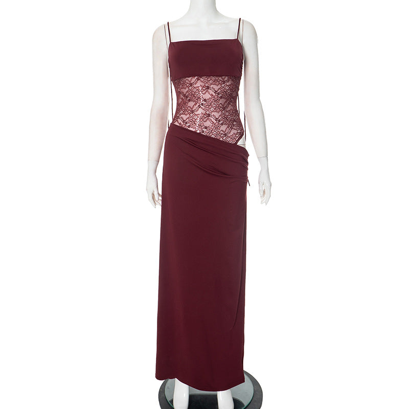 Lace Detail Fitted Full-Length Maxi Dress with Sleeveless for Women