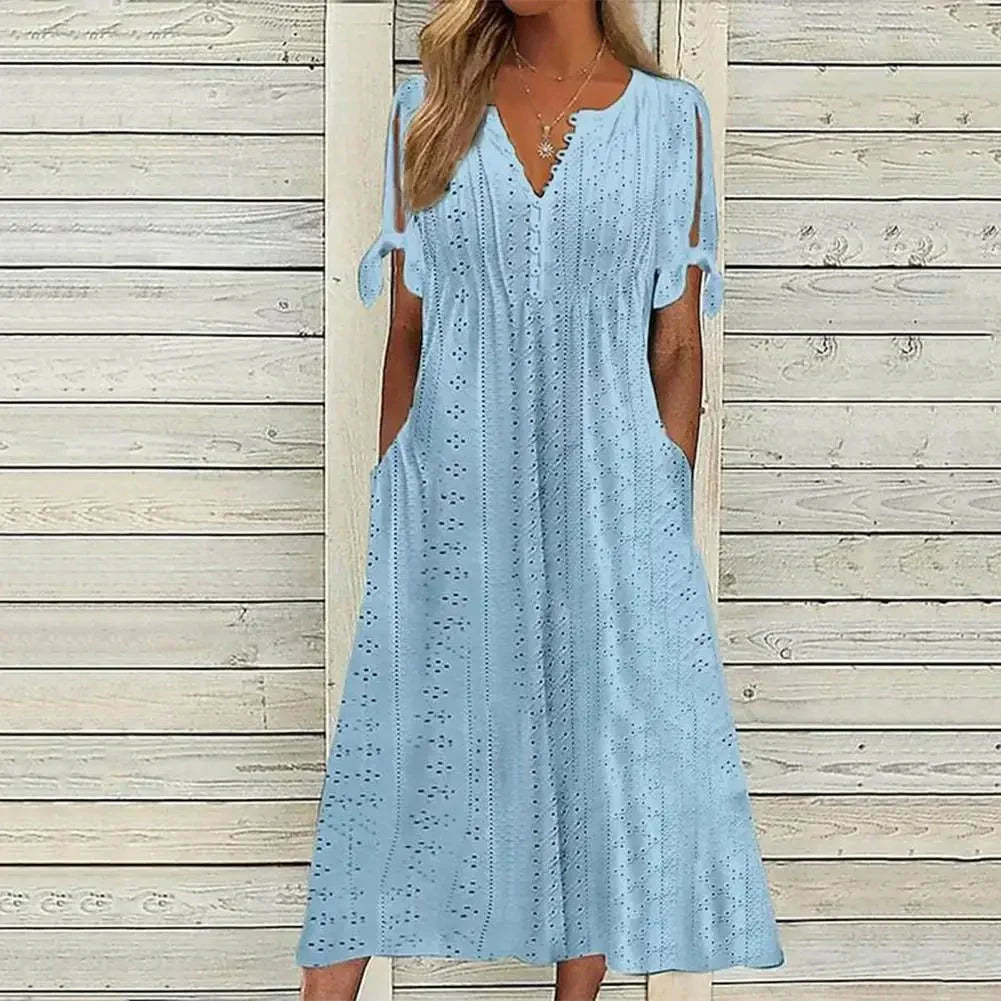 Cut-Out Short Sleeve Midi Dress with Flowing for Women