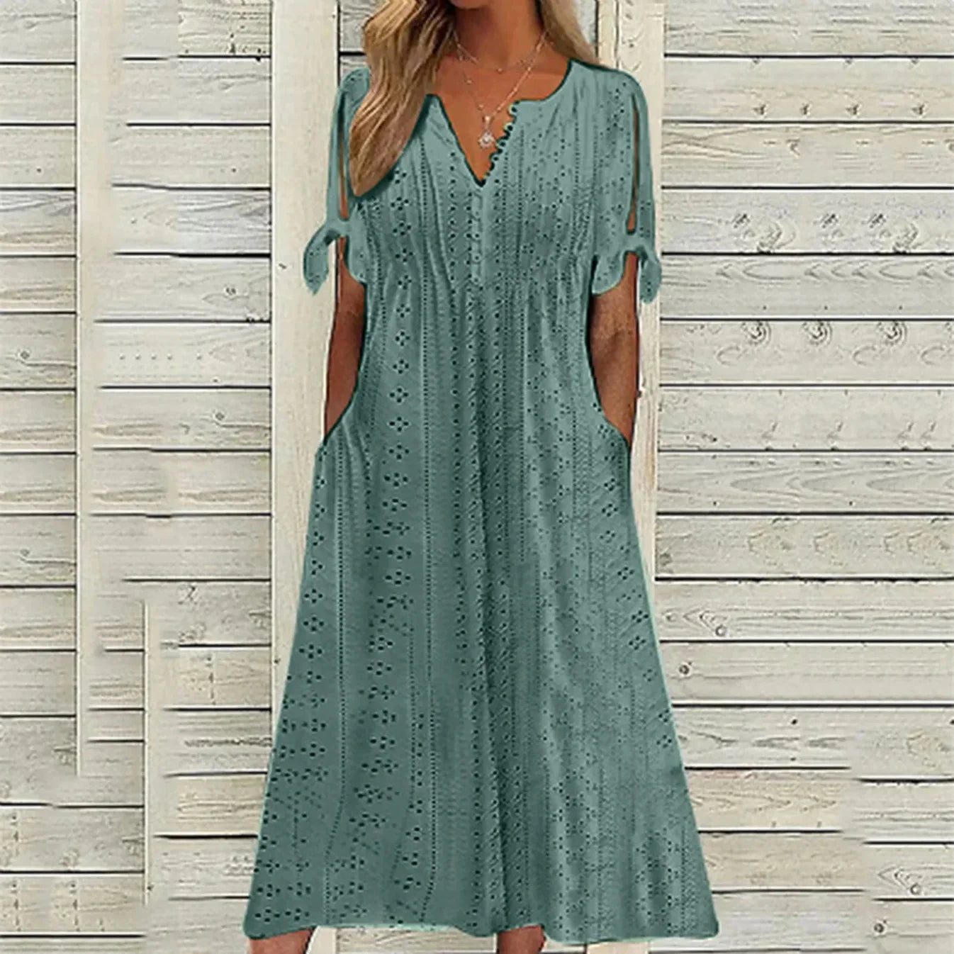 Cut-Out Short Sleeve Midi Dress with Flowing for Women