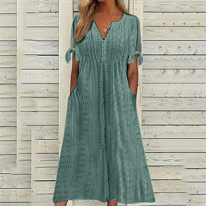 Cut-Out Short Sleeve Midi Dress with Flowing for Women