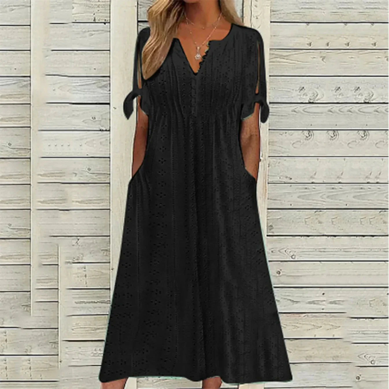 Cut-Out Short Sleeve Midi Dress with Flowing for Women