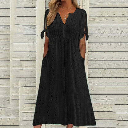 Cut-Out Short Sleeve Midi Dress with Flowing for Women