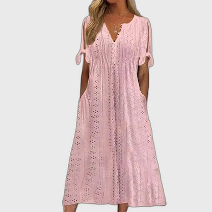 Cut-Out Short Sleeve Midi Dress with Flowing for Women